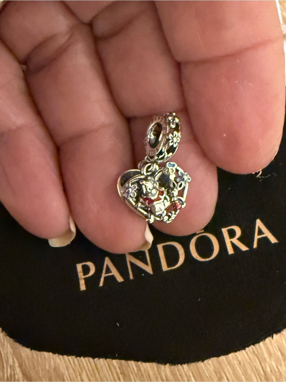 Pandora Silver Floral Heart Charm with Red Accents